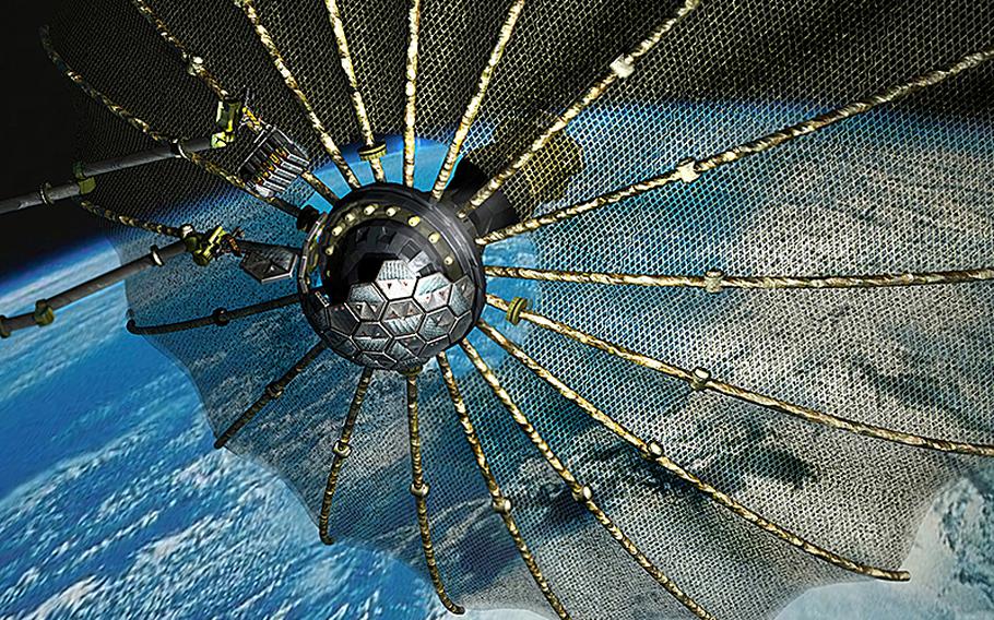 An illustration shows a satellite used for DARPA's Phoenix program scavenging defunct communication satellites for their valuable parts and recycling them to build brand new ones.