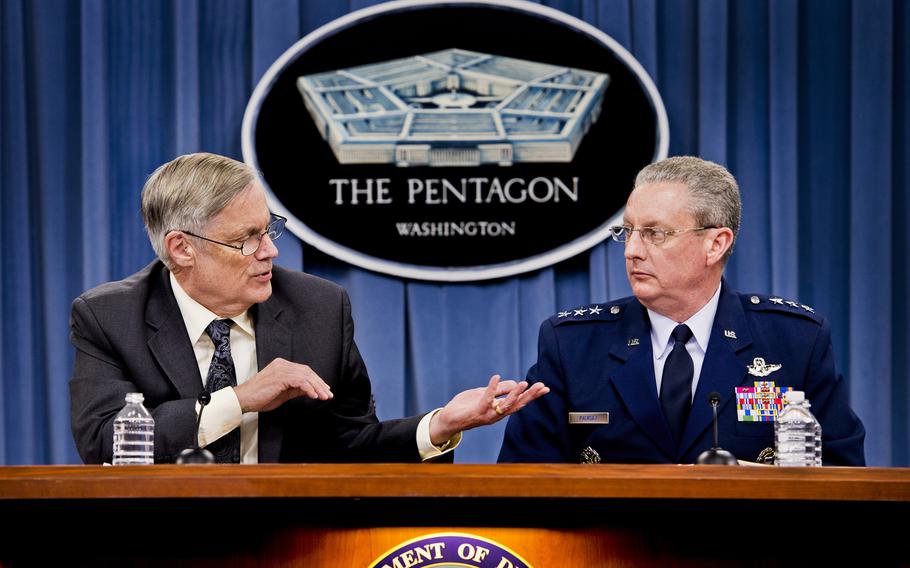 Under Secretary of Defense Robert Hale and Lt. Gen. Mark Ramsay, Director, Force Structure, Resources and Assessment, Joint Staff, brief the press at the Pentagon, April 10, 2013. The two spoke of how the Department of Defense will efficiently and affordably maintain readiness.
