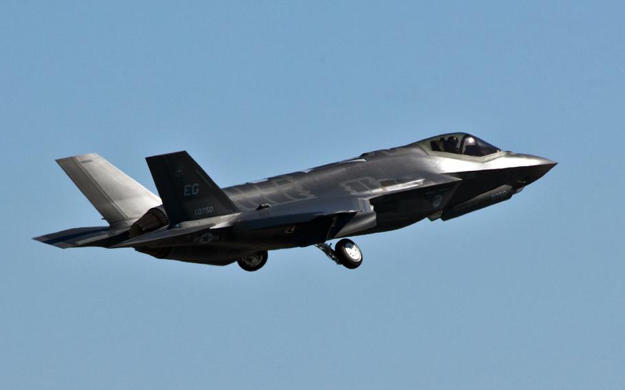 The F-35A Lightning II joint strike fighter lifts off for its first training sortie March 6, 2012 at Eglin Air Force Base, Fla. Among planned Air Force aircraft purchases in 2014 are 19 F-35As.