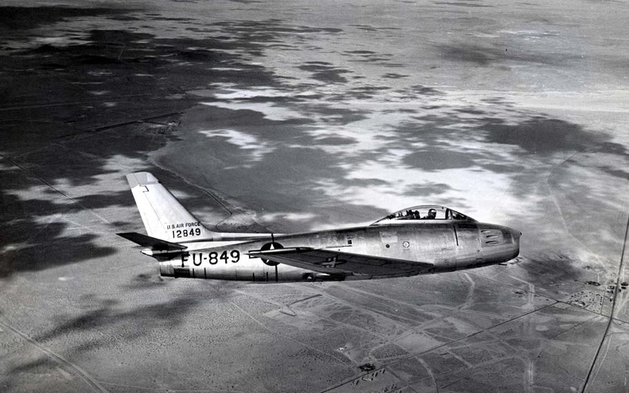 The initial incarnations of the F-86 Sabre saw action during the Cold War, going head-to-head with Russian MiGs during the Korean War. The original F-86A made its first flight in 1947, with the F-86E, pictured, and F-86F being the most produced models. The F-86 set the new world speed record in 1948 and could top out at 685 mph. During combat it carried six machine guns and either rockets or 2,000 pounds of bombs.