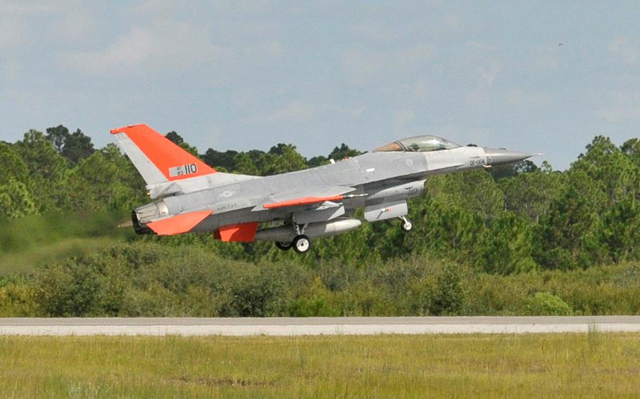 The QF-16 drone jet makes its first takeoff at Tyndall Air Force Base, Fla., Sept. 19, 2013.