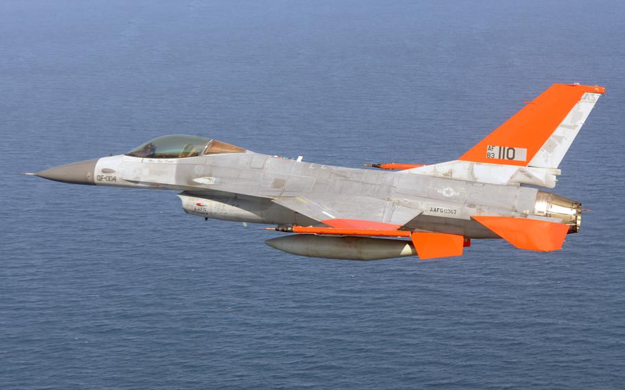 The drone QF-16 makes its first test flight over the Gulf of Mexico, Sept. 19, 2013.