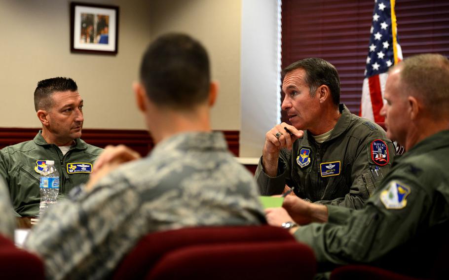 In this file photo from Jan. 7, 2015, Maj. Gen. Michael A. Keltz, 19th Air Force commander, Joint Base San Antonio-Randolph, Texas, discusses current issues around the Air Force with leadership in the wing conference room at Laughlin Air Force Base, Texas.