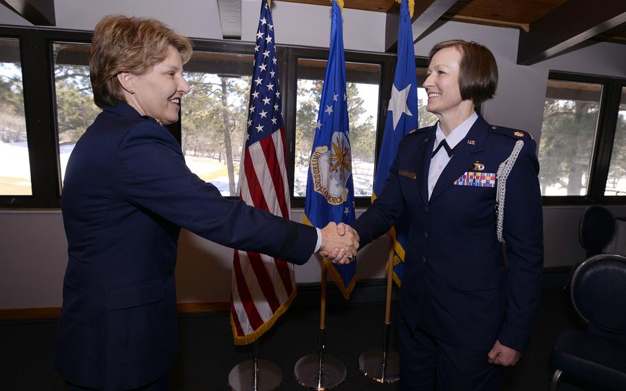 Maj. Phyllis Pelky, right, recently served as aide-de-camp to Air Force Academy superintendent Lt. Gen. Michelle D. Johnson, left. Pelky died Sunday, Oct. 11, 2015, in a helicopter crash in Kabul, Afghanistan.
