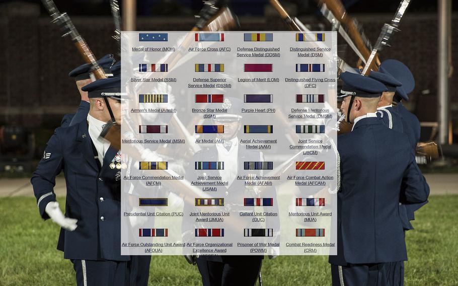 A photo illustration superimposes a screen grab showing Air Force awards and decorations on top of an image depicting the Air Force Honor Guard Drill Team performing in Washington, D.C., on Sept. 22, 2016. The Air Force announced Friday, Jan. 13, 2017, that officials are recommending 12 medals awarded to airmen be upgraded for their actions taken since 2001 in the war on terror.