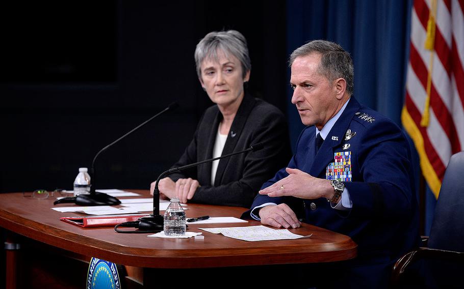 Secretary of the Air Force Heather Wilson and Air Force Chief of Staff Gen. David L. Goldfein answer a question during the State of the Air Force address at the Pentagon, Washington, D.C., Nov. 9, 2017. 