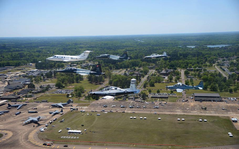 Aircraft are seen flying over Columbus Air Force Base in Mississippi. According to reports on Wednesday, May 23, 2018, a pilot and passenger ejected from an aircraft that crashed near the base.