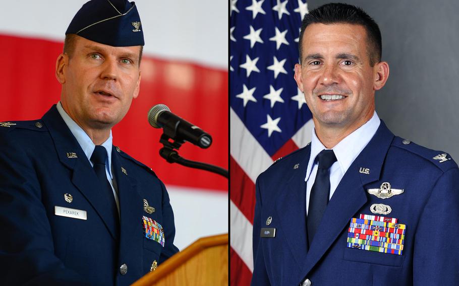 The Air Education and Training Command announced Wednesday, Oct. 30, 2018, that the 47th Flying Training Wing Commander Col. Charles Velino, right, was relieved of command. The announcement also said the wing's operations group commander and and a flying training squadron commander were relieved of duty. Col. Robert Pekarek, seen at left, was the 47th Operations Group commander.