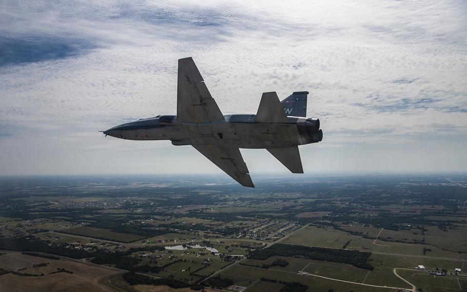 A pilot from the 71st Flying Training Wing soars through the sky in a T-38C Talon, July 26, 2019, over Oklahoma. The T-38 Talon is a twin-engine, high-altitude, supersonic jet trainer used in a variety of roles across the Air Force. 