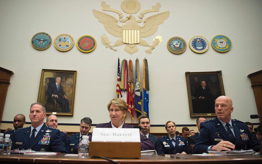 From left: Air Force Chief of Staff Gen. David Goldfein, Secretary of the Air Force Barbara Barrett and Space Force Commander Gen. John Raymond prepare to testify at a House Armed Services Committee hearing on Capitol Hill in Washington on Wednesday, March 4, 2020.