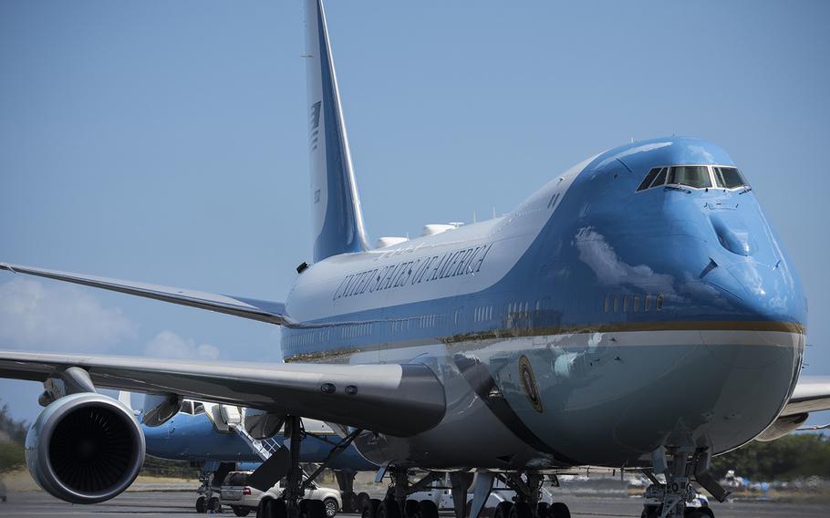 Air Force One refuels at Joint Base Pearl Harbor-Hickam, Hawaii, on President Donald Trump's return to Washington D.C. from the North Korea summit, June 12, 2018. 