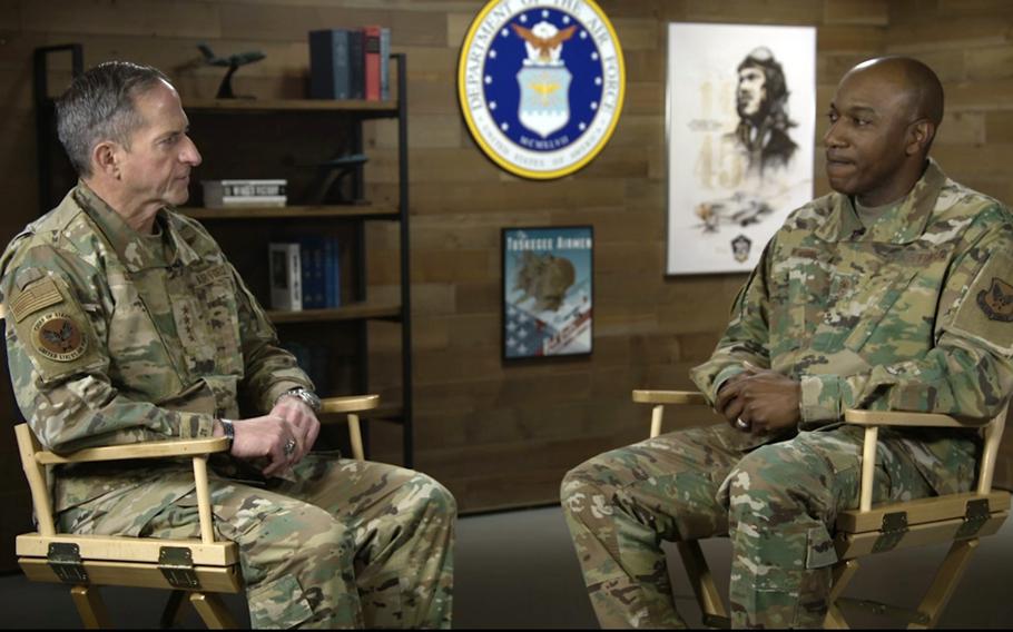 Air Force Chief of Staff Gen. David Goldfein, left, and Chief Master Sgt. of the Air Force Kaleth O. Wright discuss race and the Air Force in this screenshot from a video presentation on June 1, 2020. 