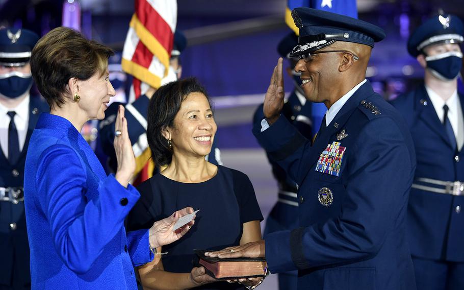 Secretary of the Air Force Barbara M. Barrett administers the oath of office to incoming Air Force Chief of Staff Gen. Charles Q. Brown Jr. during the CSAF Transfer of Responsibility ceremony at Joint Base Andrews, Md., Aug. 6, 2020. Brown is the 22nd Chief of Staff of the Air Force.