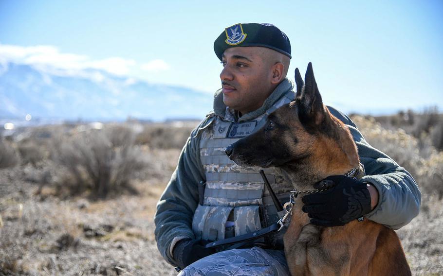 Xxuthus sits beside Air Force Staff Sgt. Paul Bryant, a working dog handler with the 75th Security Force Squadron at Hill Air Force Base, Utah, March 4, 2020. Dog handler is one of 37 jobs for which the Air Force is offering retention bonuses this year.