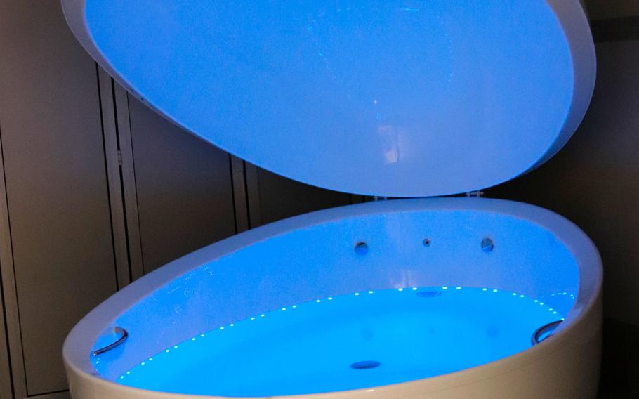 A sensory deprivation floatation pod at the Comprehensive Operational Medicine for Battle Ready Airmen, or COBRA, clinic at Aviano Air Base in Italy helps airmen look after their mental health needs. Other equipment at the clinic, which is unique to Aviano, seeks to allow them to recover quickly from physical injuries or maintain full fitness.

