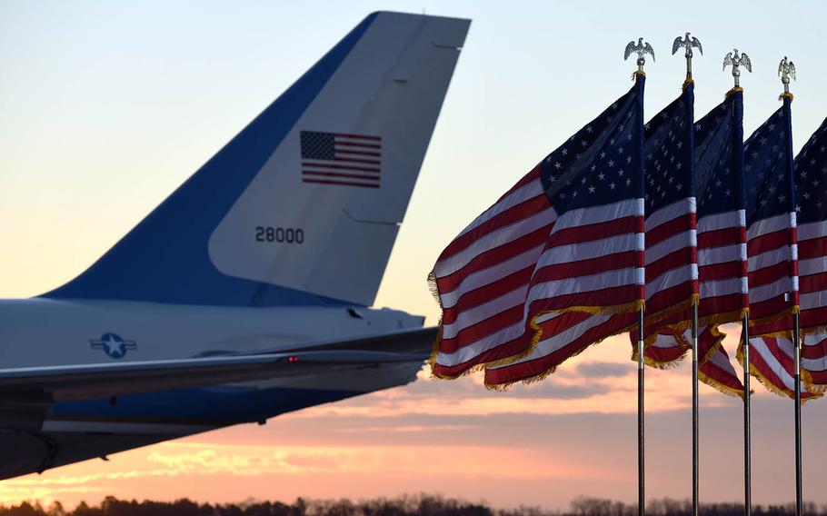 Air Force One parks on the flight line at Joint Base Andrews, Md., Jan. 20, 2021. 