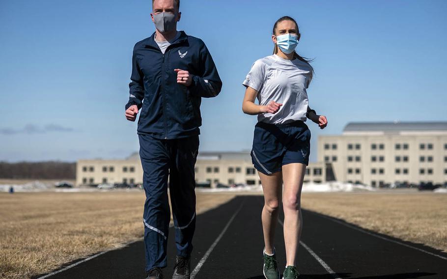 Airmen try out the Air Force's new physical training uniform at Wright-Patterson Air Force Base, Ohio, Feb. 25, 2021. 