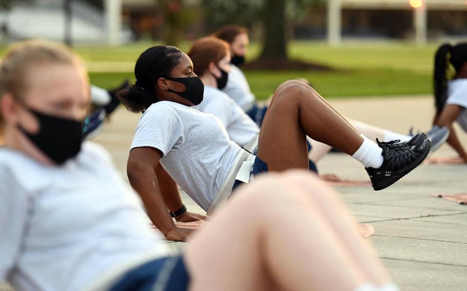 Air Force trainees do physical training at Keesler Air Force Base, Miss., July 1, 2020. 