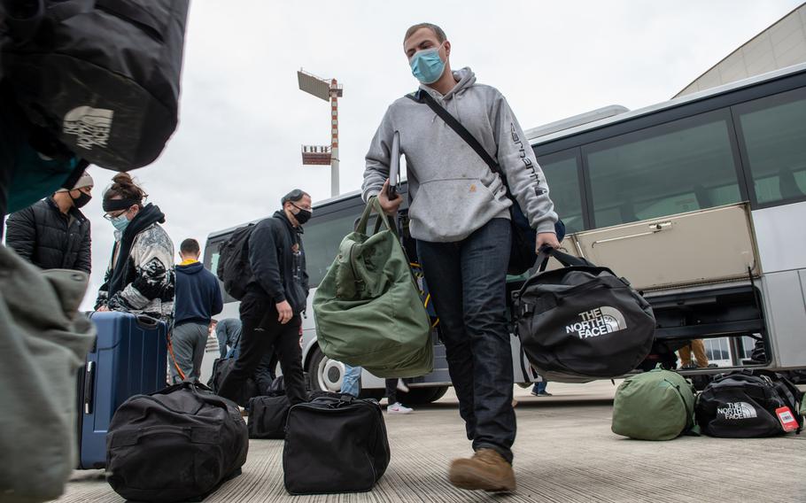 Aircraft maintainers arrive at Ramstein Air Base, Germany, during an agile combat employment exercise, March 22, 2021. The Spangdahlem-based airmen are at Ramstein to practice quickly deploying to forward locations.