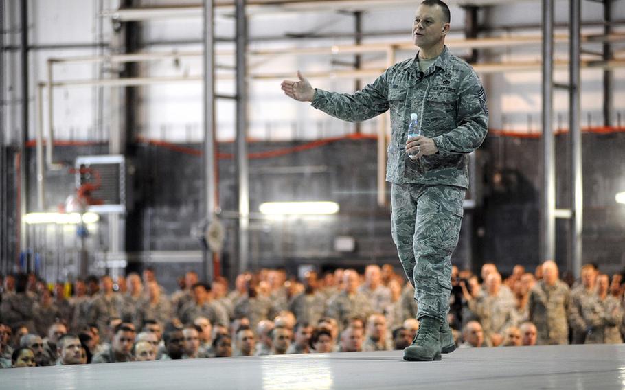 The Air Force's top enlisted leader, Chief Master Sgt. of the Air Force James Roy,  talks to airmen in a standing-room-only Hangar No. 2 at Ramstein Air Base, Germany, on Wednesday afternoon.
