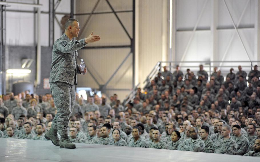 The Air Force's top enlisted leader, Chief Master Sgt. of the Air Force James Roy,  talks to airmen in a standing room only Hangar No. 2 at Ramstein Air Base on Wednesday afternoon.