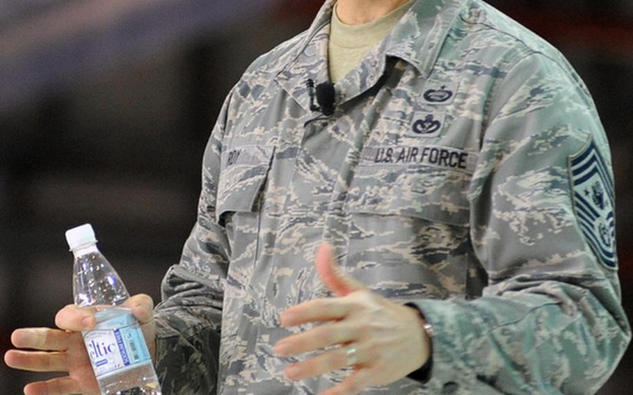 Chief Master Sgt. of the Air Force James Roy, the Air Force's top enlisted leader, addresses airmen at Ramstein Air Base on Wednesday afternoon.