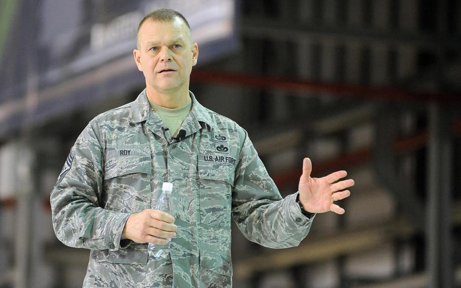 Chief Master Sgt. of the Air Force James Roy, the Air Force??s top enlisted leader, addresses airmen at Ramstein Air Base on Wednesday afternoon.