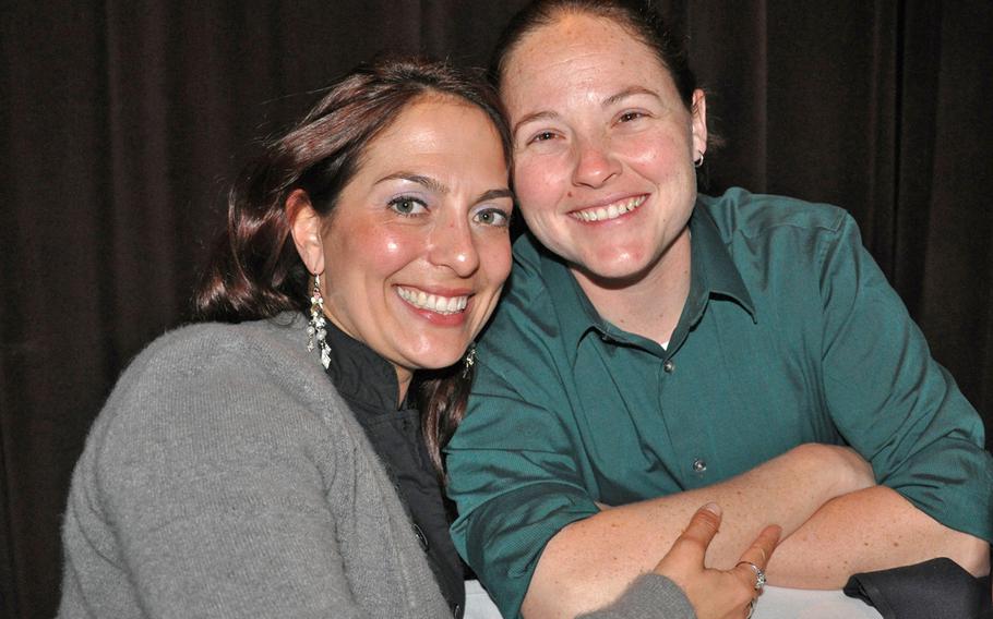 Air Force Master Sgt. Angela Shunk, left, and Tech. Sgt. Stacey Shunk are the first Air Force same-sex couple to be accepted for an assignment under the service's Join Spouse program. The Shunks, currently assigned to Aviano Air Base, Italy, will be assigned to Hill Air Force Base, Utah. The Shunks' application for join spouse consideration was approved Sept. 3rd, the same day the Pentagon made available a range of federal benefits to same-sex spouses of military members.