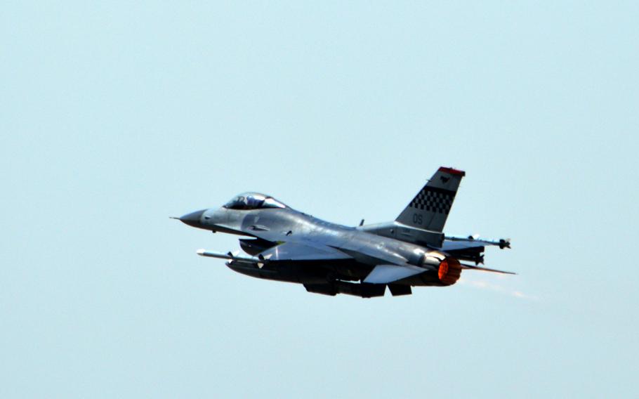 An F-16 with the 36th Fighter Squadron rises in sky after takeoff at Osan Air Base, South Korea, on May 7, 2014. The fighter is participating in the Beverly Bulldog 14-02 exercise.