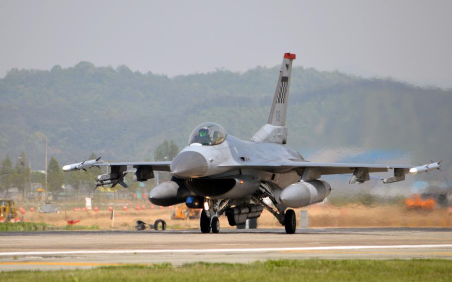 An F-16 with the 36th Fighter Squadron prepares for takeoff at Osan Air Base, South Korea, on May 7, 2014. The aircraft are preparing for a simulated combat sortie for the Beverly Bulldog 14-02 exercise.