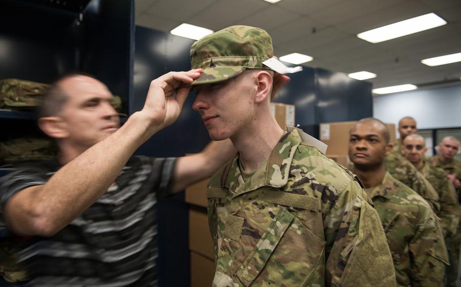 Air Force basic military trainees of the 326th Training Squadron receive the first operational camouflage pattern uniforms during initial issue Oct. 2, 2019, at Joint Base San Antonio-Lackland, Texas.