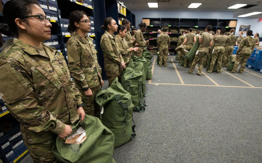 Air Force basic military trainees of the 326th Training Squadron receive the first operational camouflage pattern uniforms during initial issue Oct. 2, 2019, at Joint Base San Antonio-Lackland, Texas.