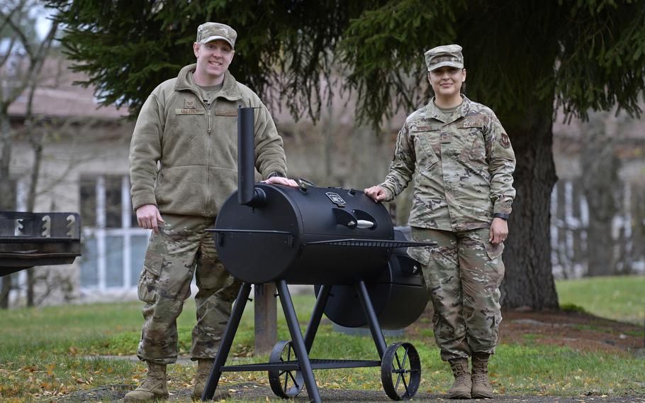 Tech Sgt. Christopher McLeroy, left, and Tech Sgt. Rosario Warren, airman dorm leaders, are organizing lunch for dormitory residents and their guests on Kapaun Air Station, Germany.
