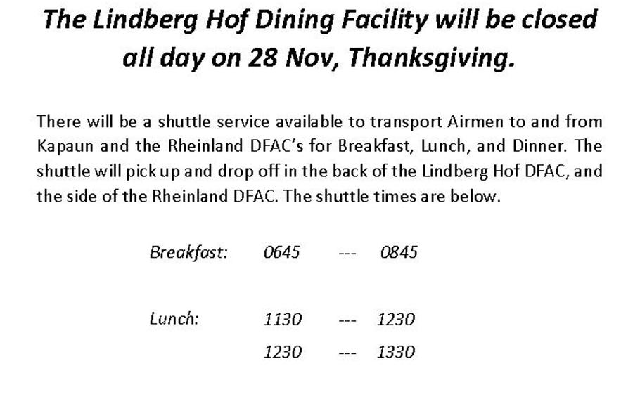 A closure notice gives bus times for transportation from Kapaun Air Station to Ramstein Air Base, Germany, on Thanksgiving Day.