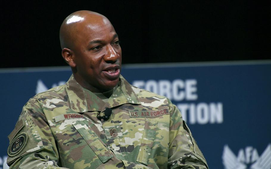 Chief Master Sergeant of the Air Force Kaleth O. Wright speaks during the Air Force Association's Air Warfare Symposium in Orlando, Fla., Feb. 27, 2020.