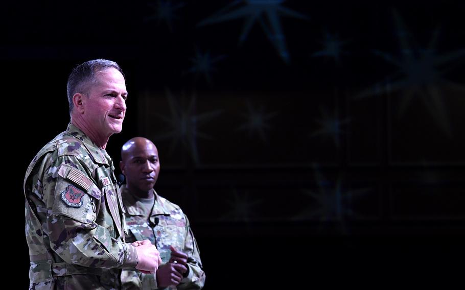 Air Force Chief of Staff Gen. David Golfein and Chief Master Sgt. of the Air Force Kaleth O. Wright speak during a symposium in Orlando, Fla., March 1, 2019.