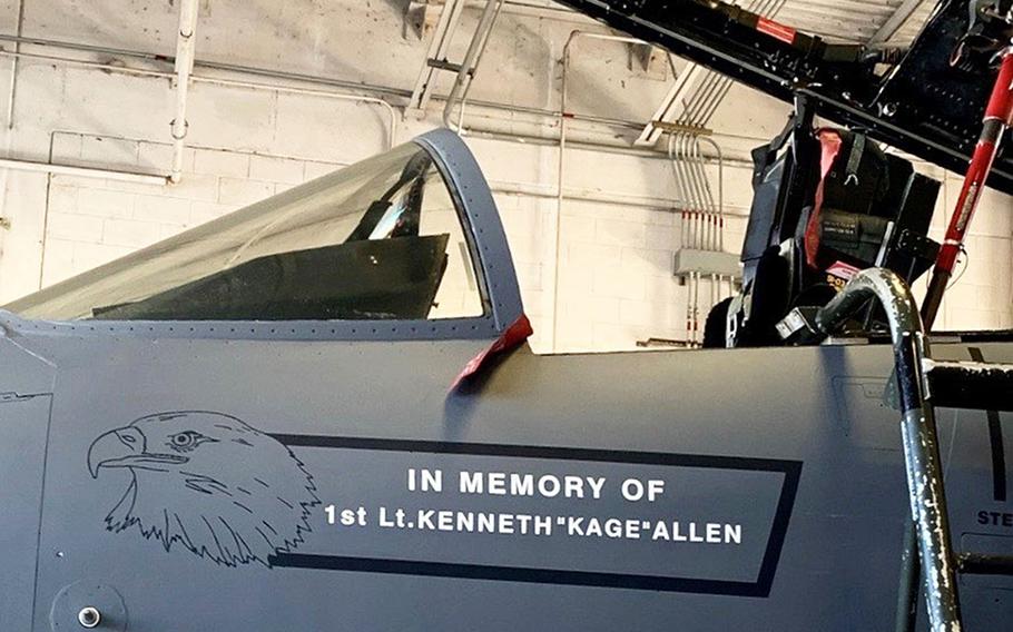 The 561st Aircraft Maintenance Squadron and the 558th AMXS paint team, at Robins Air Force Base, Ga, collaborated June 17, 2020, to stencil the name of 48th Fighter Wing pilot 1st Lt. Kenneth ''Kage'' Allen on one of three F-15 aircraft that just completed its programmed depot maintenance and is slated to return to RAF Lakenheath, England. Allen was piloting an F-15C Eagle during a training mission when his plane crashed into the North Sea June 15.