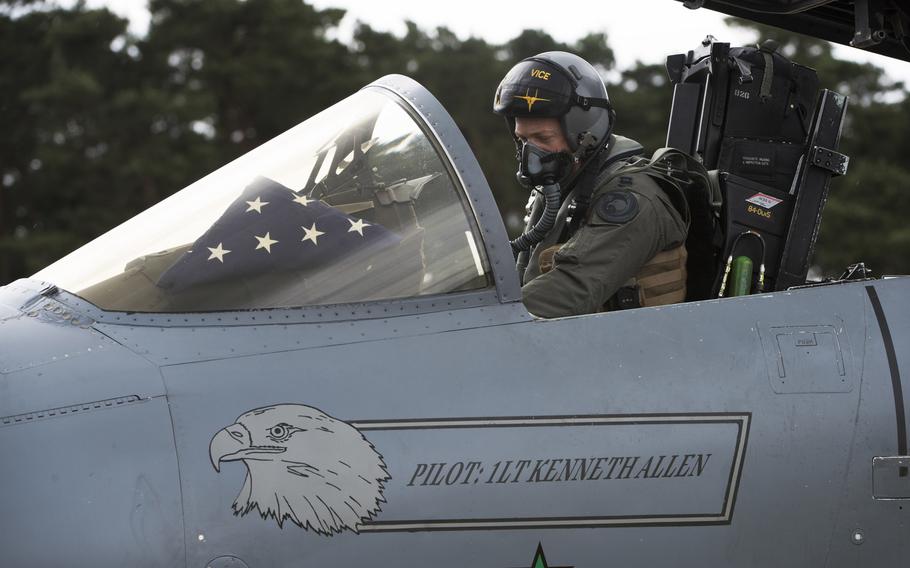 A pilot assigned to the 493rd Fighter Squadron prepares to depart for depot maintenance at Robins Air Force Base, Ga., from RAF Lakenheath, England, June 19, 2020. The name of 1st Lt. Kenneth "Kage" Allen, who died when his F-15C crashed in the North Sea during routine training on Monday, June 15, is painted on the jet.