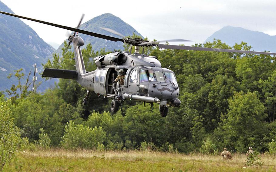 Airmen with the 57th Rescue Squadron, Aviano Air Base, Italy, attempt in an exercise to locate a downed pilot from a contested area during Operation Porcupine, which took place in Osoppo, about 37 miles from Aviano on June 30, 2020.