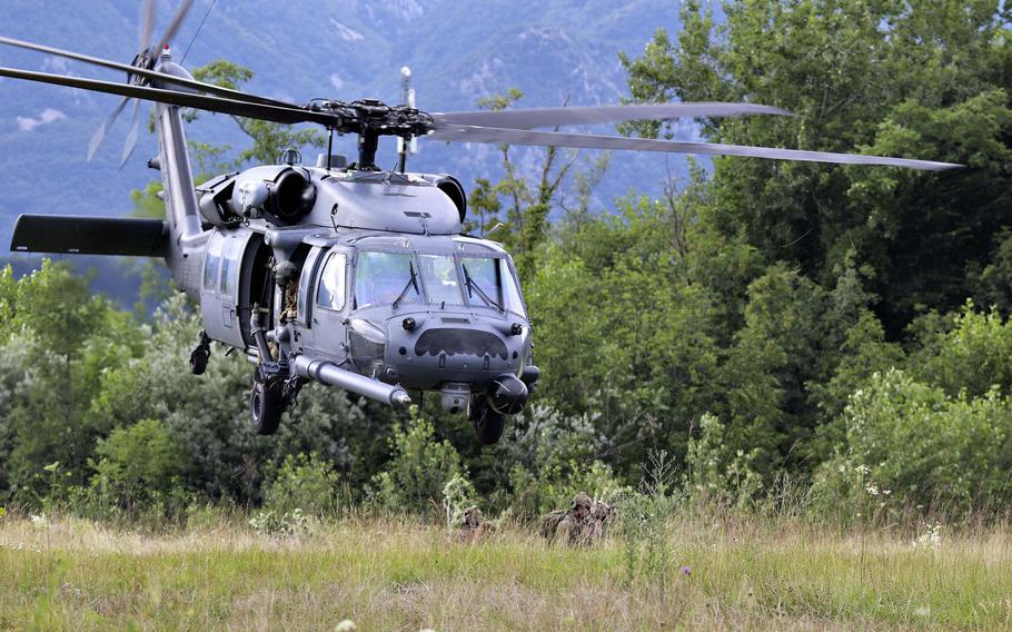 Airmen with the 57th Rescue Squadron, Aviano Air Base, Italy, attempt in an exercise to locate a downed pilot in a contested area during Operation Porcupine, which took place in Osoppo, about 37 miles from Aviano on June 30, 2020.