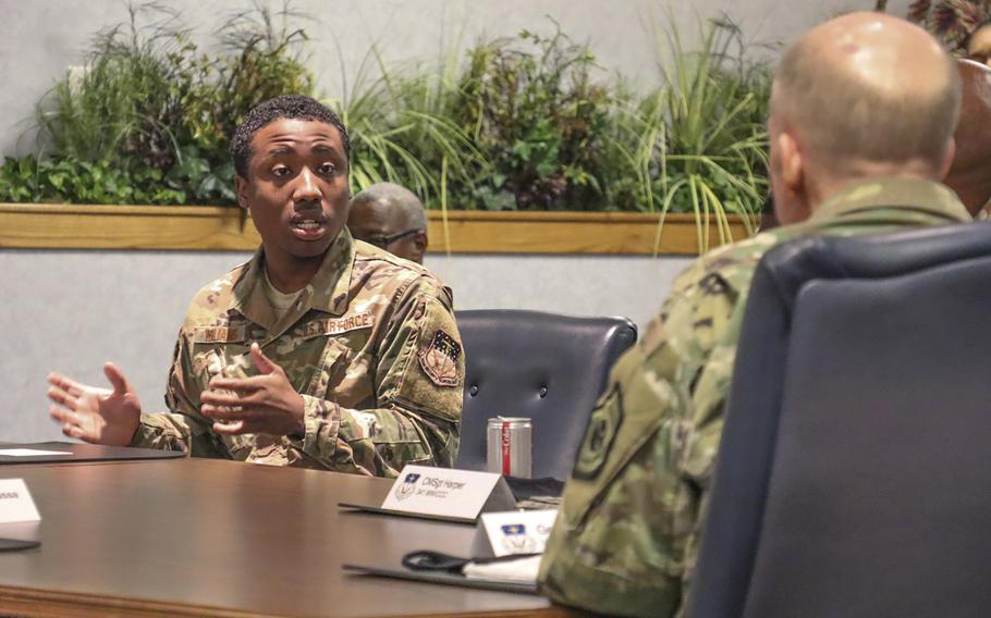 Senior Airman Jaden Williams shares his experiences about racial inequality during a diversity discussion with Vice Chief of Staff of the Air Force Gen. Stephen Wilson at Malmstrom Air Force Base, Mont., June 11, 2020.