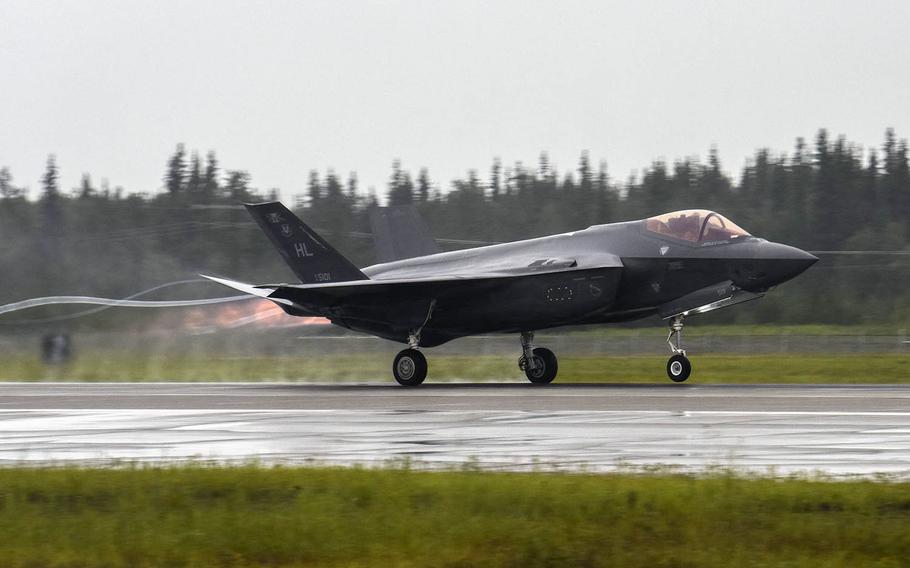 An F-35A Lightning II from Hill Air Force Base, Utah, takes off from Eielson Air Force Base, Alaska, Aug. 3, 2020, during the Red Flag exercise.