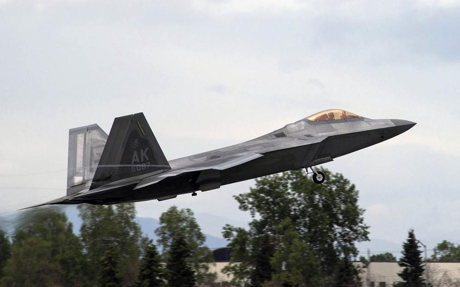 An F-22 Raptor fighter jet assigned to the 3rd Wing takes off at Joint Base Elmendorf-Richardson, Alaska, Aug. 6, 2020, during the Red Flag exercise.