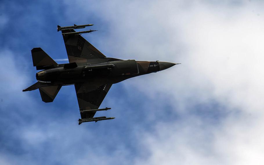 An F-16 Fighting Falcon assigned to the 18th Aggressor Squadron takes flight during the Red Flag exercise at Eielson Air Force Base, Alaska, Aug. 7, 2020.