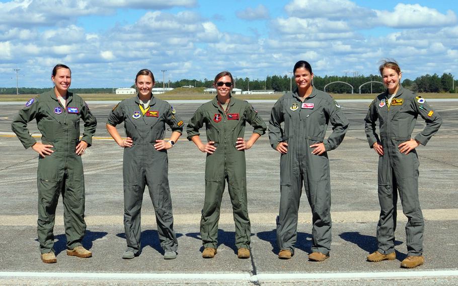 Five fighter pilots from various squadrons wear a modified version of the advanced technology anti-gravity suit during flight testing at Eglin Air Force Base, Fla., Oct. 26-30, 2020.