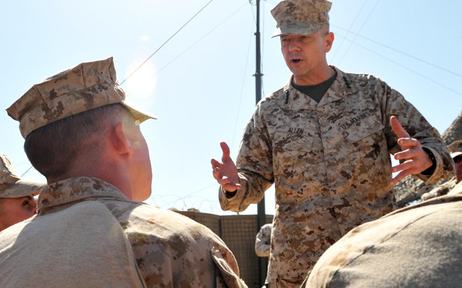 Gen. John R. Allen speaks to a group of Marines at Forward Operating Base Marjah in Afghanistan on March 5, 2012.