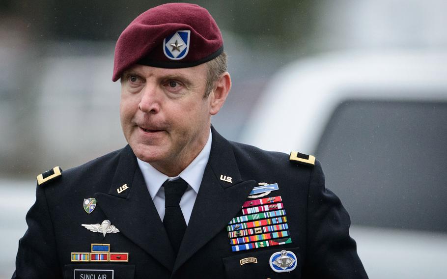 Brig Gen. Jeff Sinclair arrives to the Fort Bragg courthouse, for his sentencing hearing, Wednesday, March 19, 2014, in Fort Bragg, N.C. Sinclair, who was accused of sexually assaulting a subordinate, plead guilty to lesser charges in a plea deal reached with government prosecutors.