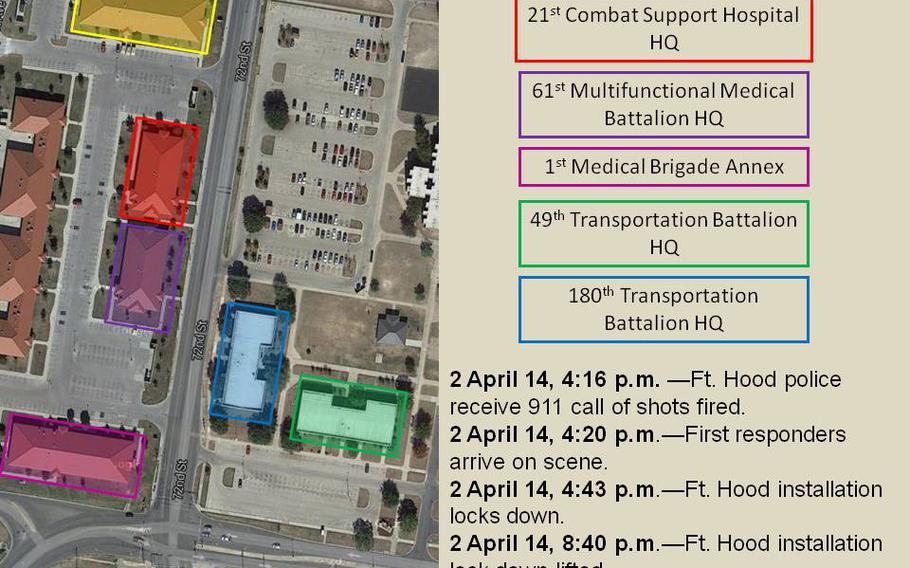 A map provided by Fort Hood shows the timeline of the deadly shooting at the Army post April 2, 2014.