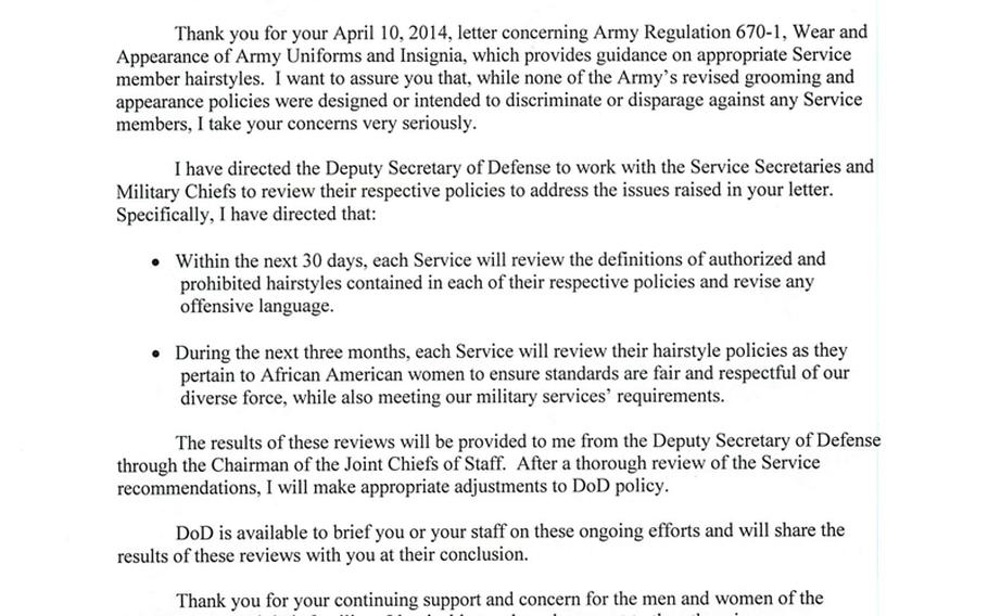 Defense Secretary Chuck Hagel sent identical letters to each of the Congressional Black Caucus members who protested the Army’s updated regulation on permissible hair styles.  One is shown here.