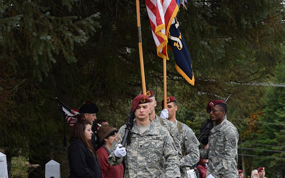 Paratroops from the 3rd Battalion (Airborne), 509th Infantry Regiment post the colors at the Sitka National Cemetery for Alaska Day ceremonies Saturday, Oct. 18. Alaska Day is celebrated as a state holiday, but no other city celebrates quite like Sitka, home of the original transfer ceremony which brought the Alaska Territory from Tsarist Russian to American control. Soldiers from the 9th U.S. Infantry were integral in the original ceremony, beginning a long, lasting relationship between the Army and Alaskans.